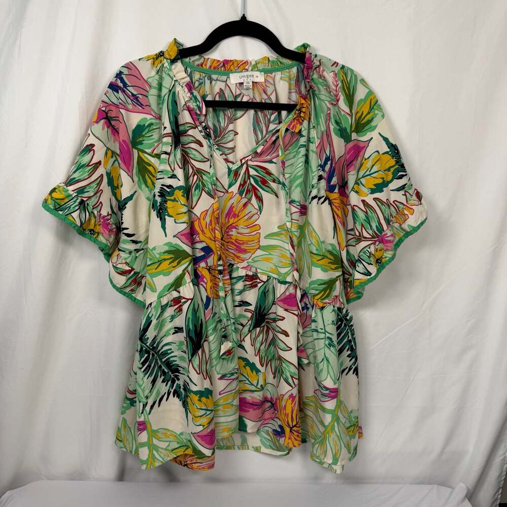 Umgee Plus Size 2XL Tropical Floral Print Ruffle Sleeve Peplum Top